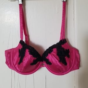 💗 Silk, like new! Felina Hot Pink Satin & Black Lace 36B Underwire Bra